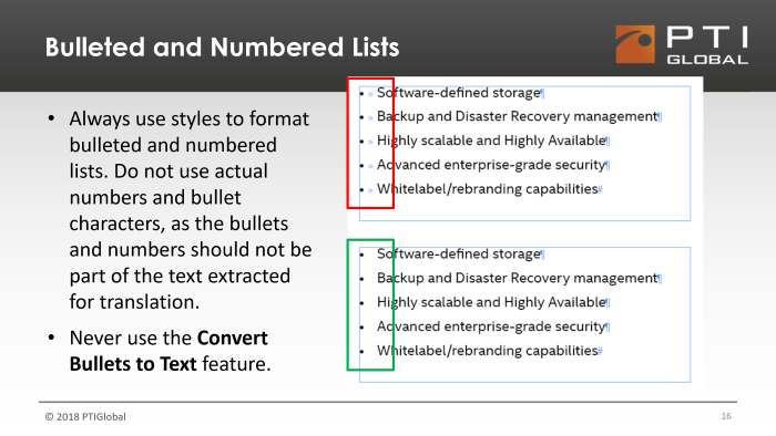 Example of proper bulleted and numbered lists for localization of adobe documents