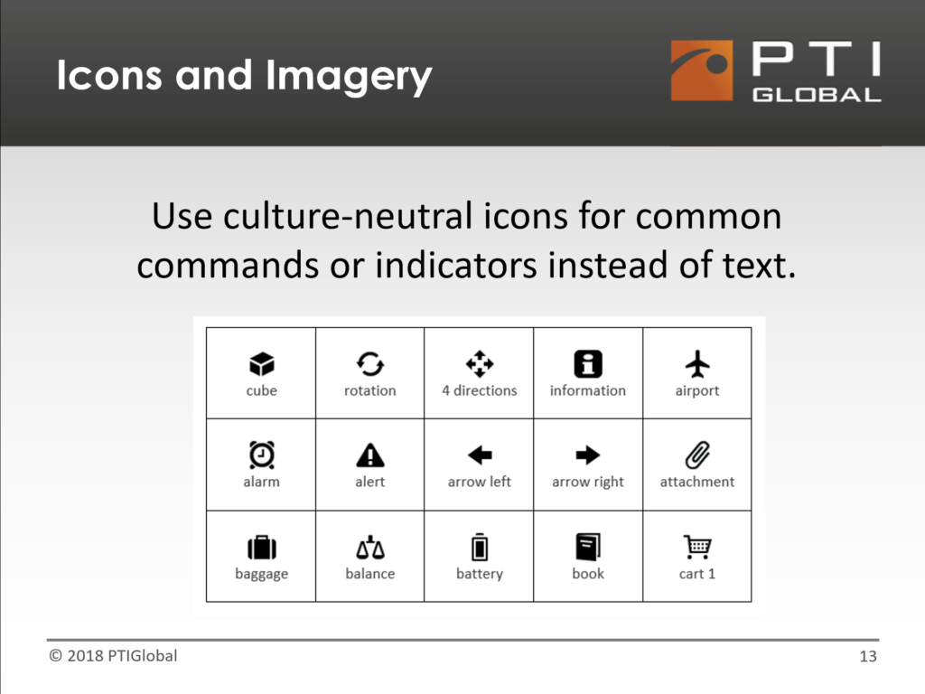 Use culture-neutral icons for common commands or indicators instead of text.