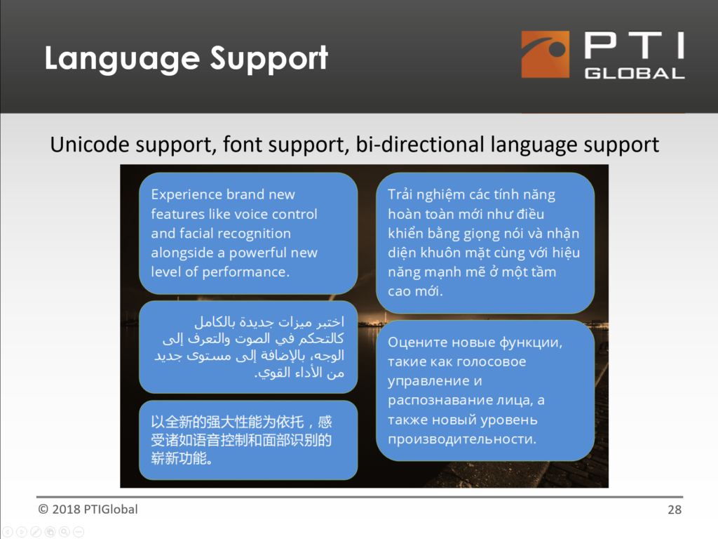 Unicode support, font support, bi-directional language support